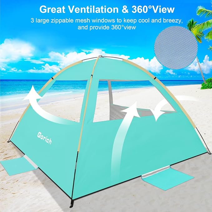Gorich Beach Tent Sun Shelter for 3/4/6/8/10 Person with UPF 50＋ UV Protection, Lightweight & Easy Setup Beach Shade Canopy, Portable Beach Shade Tent Beach Cabana