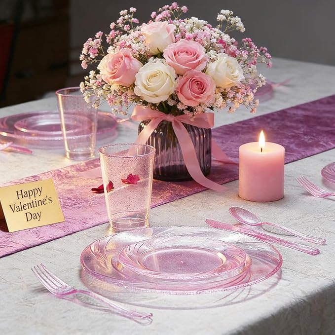 WDF Rose Gold Pink Plastic Plates with Pink Plastic Silverware include 40 Dinner & Salad Plates, 40Forks, 40 Knives, 40 Spoons for Party Baby Shower Wedding Spring Mother's Day