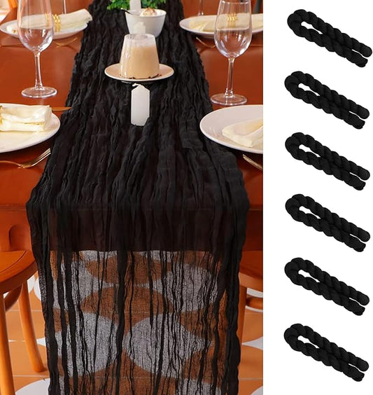Snowkingdom 6PCS 10 Ft Black Cheesecloth Table Runner, 120 inch Long Cheese Cloth Boho Gauze Runners for Wedding Bridal Baby Shower Birthday Holiday Party Halloween Table Decorations