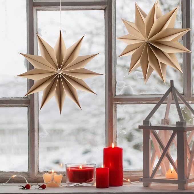 SUNBEAUTY 3 Pcs 12-Pointed Brown Paper Star Lanterns 12 Inch Christmas Hanging Lamp Rustic Paper Decorations Shade Wedding Birthday Christmas Home Party Decorations