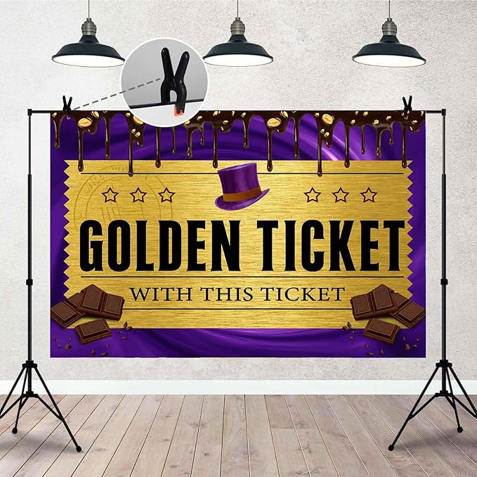 Chocolate Factory Theme Backdrop, Purple Dreamy Background, Golden Ticket Top Hat Background, Birthday Baby Shower Photo Booth TAY1901