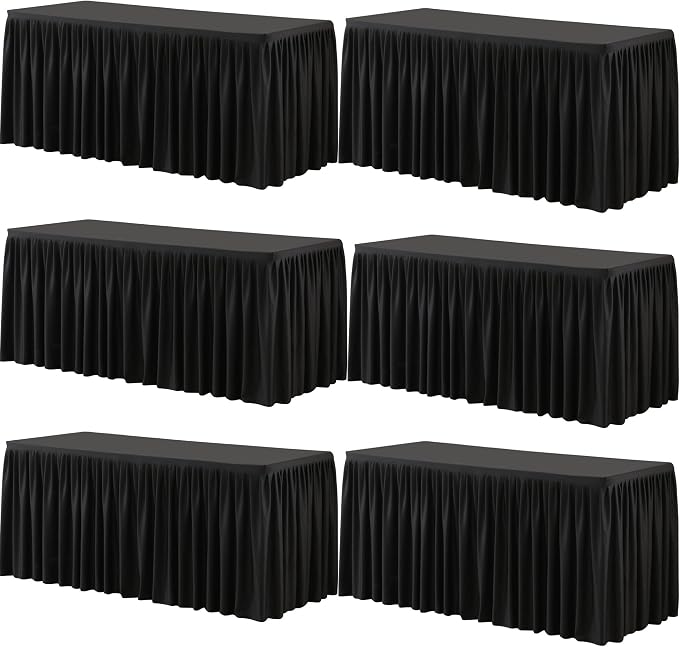 Wish Care 6 Pack Black Rectangle Table Clothes for 6 Foot Tables, Polyester Fitted Tablecloths 6ft Stretch Table Cover for Wedding, Birthday, Parties, Trade Show, Craft Show