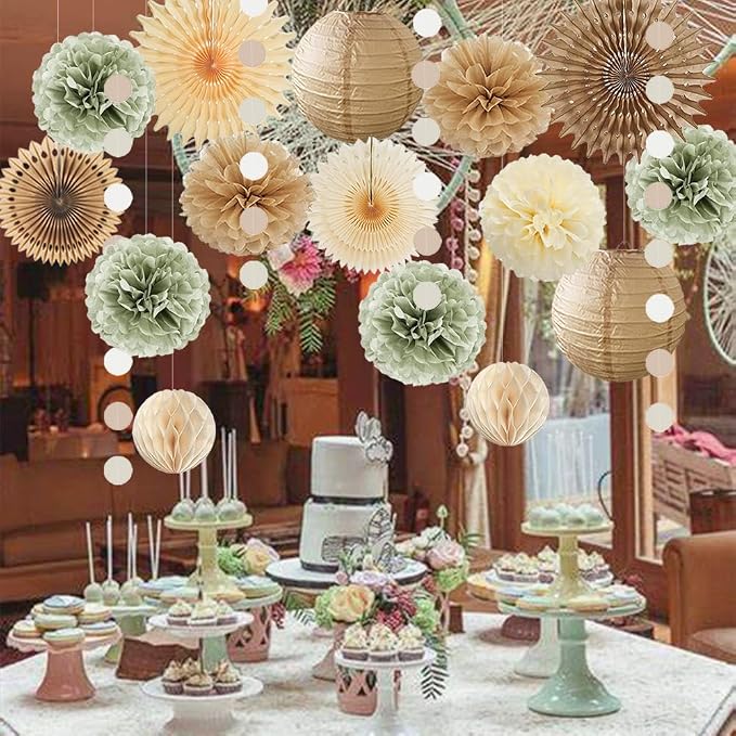Sage Green and Beige Party Decorations Vintage Baby Shower Boho Bridal Shower Decorations Retro Champagne Gold Beige Sage Green and Brown Party Decorations for Boho Bachelorette Birthday Engagement