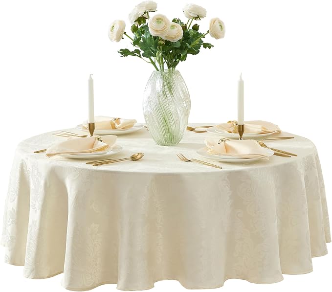 Newbridge Barcelona Luxury Damask Fabric Tablecloth, 90” Round, Antique White, 100% Polyester, No Iron, Soil Resistant Dining Room, Party and Banquet Table Cover