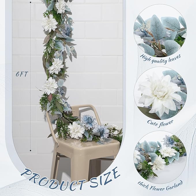 Giegxin 1 Pack 6 ft Artificial Flower Garland with Dahlias and Eucalyptus Blue White Flower Fake Wisteria Vines Summer Greenery Garland for Wedding Mantle Porch Stair Table Indoor Decor