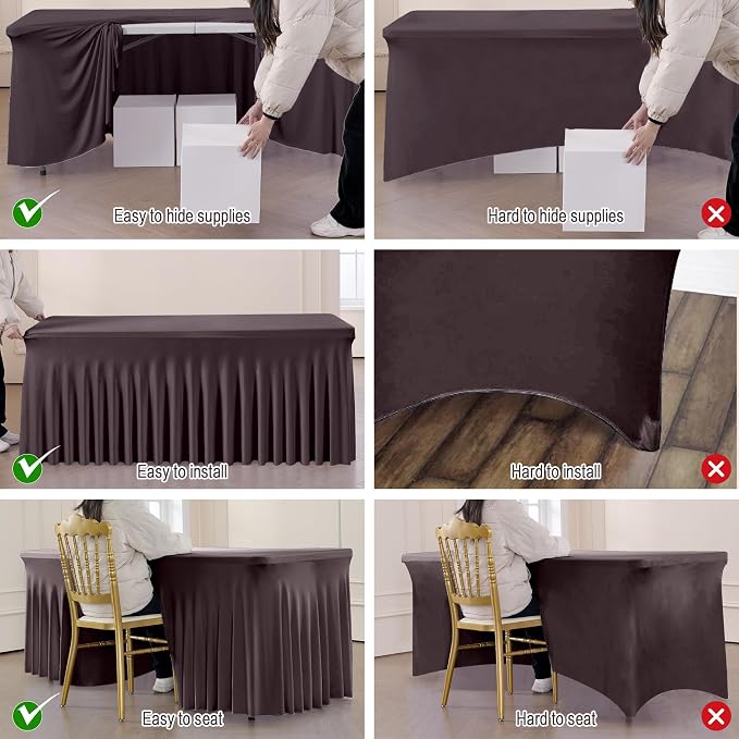 leegleri 2 Pack Brown Spandex Fitted Tablecloths for 6 Foot Rectangle Tables, Brown Stretch Table Cloth with Table Skirt, Wrinkle Free Spandex Table Covers 6ft for Parties, Weddings, Trade Shows