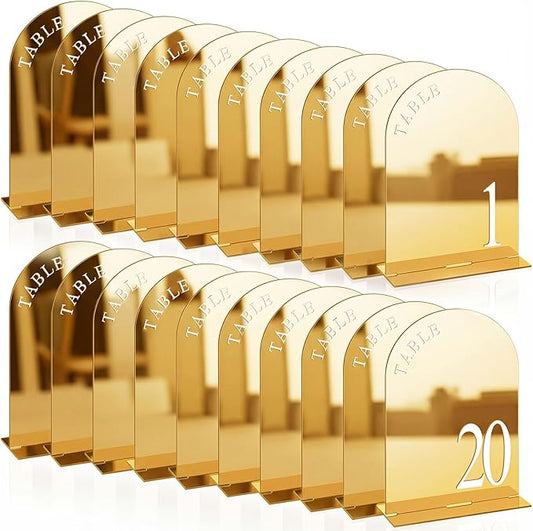 AceOrbit Gold Wedding Table Numbers 1-20 with Stands 5" x 7" Gold Acrylic Wedding Signs with Holder Mirrored Arch Numbered Signage Double Sided Tabletop Reception Sign for Anniversary, Event Decor