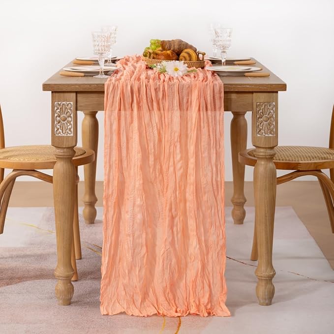 MLMC Peach Pink Cheesecloth Table Runner 10ft Sheer Gauze Coral Cheese Cloth Table Runner Spring Dinning Decoration 35x120 Inches for Wedding Bridal Baby Shower Party Decor