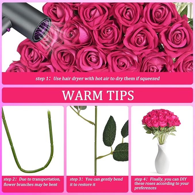90pcs Fake Hot Pink Roses Artificial Flowers Bulk Realistic Silk Faux Rose with Stems for Wedding Decoration Anniversary Bridal Bouquet DIY Floral Arrangement Romantic Home Decor Gifts