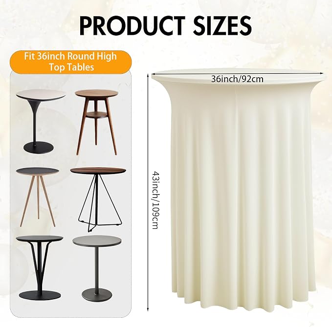 4 pk Ivory Cocktail Table Cloth Round 36×43in-High Top Highboy Bar Cocktail Tablecloths-Wrinkle Free Stretchy Fitted Spandex Table Covers with Ruffle Desk Skirt for Wedding Banquet Party Tables
