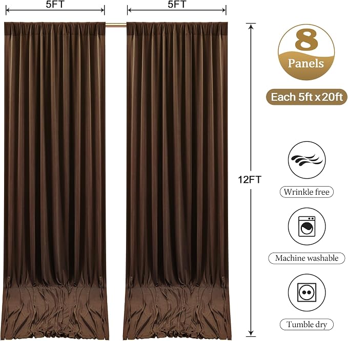 10ftx12ft Wrinkle Free Brown Backdrop Curtain, 8 Panels 12FT Long Wedding Photo Backdrop Drapes, Silky Polyester Back Drop Cloth for Birthday Photography Background Party Backdrop Draping