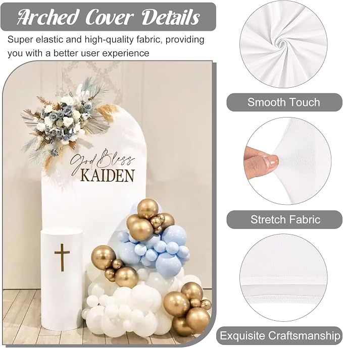 Metal Arch Stand and Cover Set,1 White Spandex Fitted Backdrop with 1 Gold Wedding Arched Stand Frame for Parties Birthday Baby Shower Bridal Banquet Decoration (7.2FT)