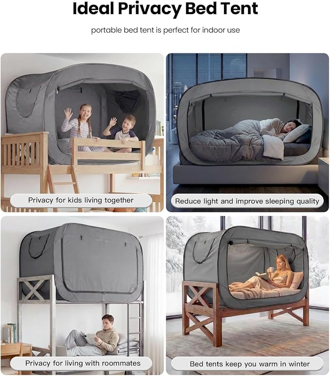 ANC POP Bed Tent Twin Bed Canopy Portable Dream Tent for Adult Indoor Sleeping Tents with 2 Doors Breathable Private Space Tents, Grey