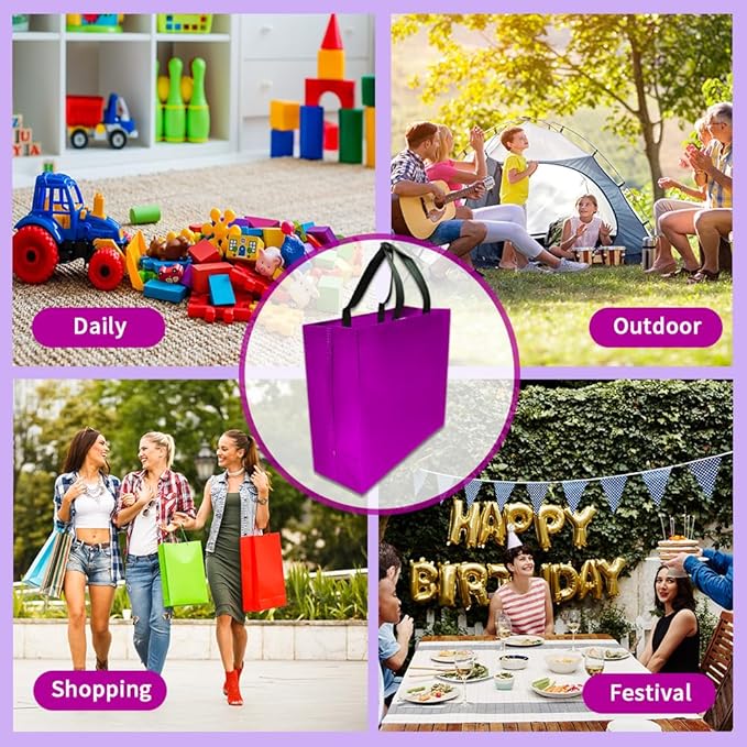 huichuan 12 Pack Purple Gift Bags with Handles, Reusable Tote Bag for Women Kids, Eco-Friendly Non-Woven Party Favor Goodie Bags Bulk for Valentine's Day, Birthday, Wedding, Baby Shower Treats
