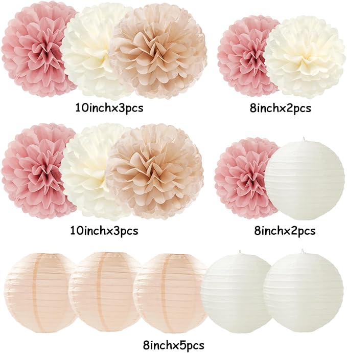 Rose Gold Pink Beige Champagne Party-Decorations Paper Lanterns Panduola | 15pc Tea Party Backdrop Boho Birthday Bachelorette Bridal Baby Shower Engagement Wedding Decor Tissue Pom Poms Streamers