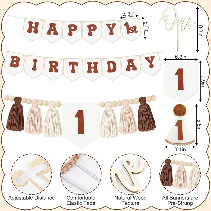THAWAY 1st Birthday Decorations, White Brown Bohemian Style High Chair Banner Set with Tassel Wood Bead, Birthday Hat & Wooden Cake Topper for One Year Old Party Supplies