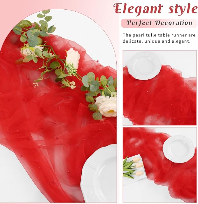 Set of 6 Pearl Valentine's Day Table Runner 29 x 120 Inch Tulle Fabric Lace Table Runners for Bridal Shower Birthday Party Wedding Arch Dessert Table Decor(Red)