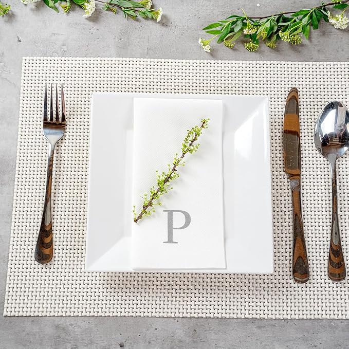 Luxenap 15.8 X 7.9 Inch Linen-Feel Guest Towels, 50 Lettered Hand Towels - Silver Letter 'P', Sans Serif Font, White Paper Dinner Napkins, airlaid, For Restrooms And Tables - Restaurantware