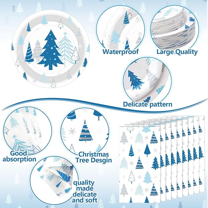 Pickmesh 400 Pcs Winter Party Supplies Blue Silver Xmas Tree Snowflake Disposable Paper Plates Napkins Cups Cutlery for Christmas Xmas Birthday Party Table Decorations Serve 50
