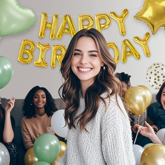 Sage Green Birthday Decorations, Boho Birthday Party Decorations with Green Gold Balloons Table Runner Happy Birthday Banner, Neutral Birthday Decorations for Women Adults
