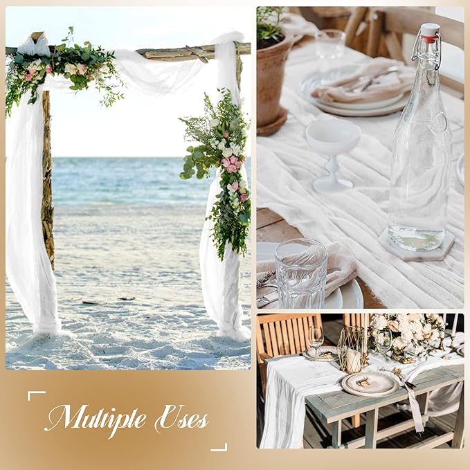 Showgeous 10 Pack White Cheesecloth Table Runner Gauze Table Runner 10FT Long Semi-Sheer Table Runner Boho or Rustic Wedding Table Decor for Wedding Decor Arch Draping Bridal Shower Holiday Party