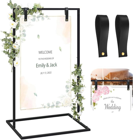 MorningRo Wedding Welcome Sign Stand 50”x30”x20” Welcome to Our Wedding Sign Holder with 2 Leather Straps Easel Stand for Signs Metal Display Poster Holder for Ceremony Party(Black)