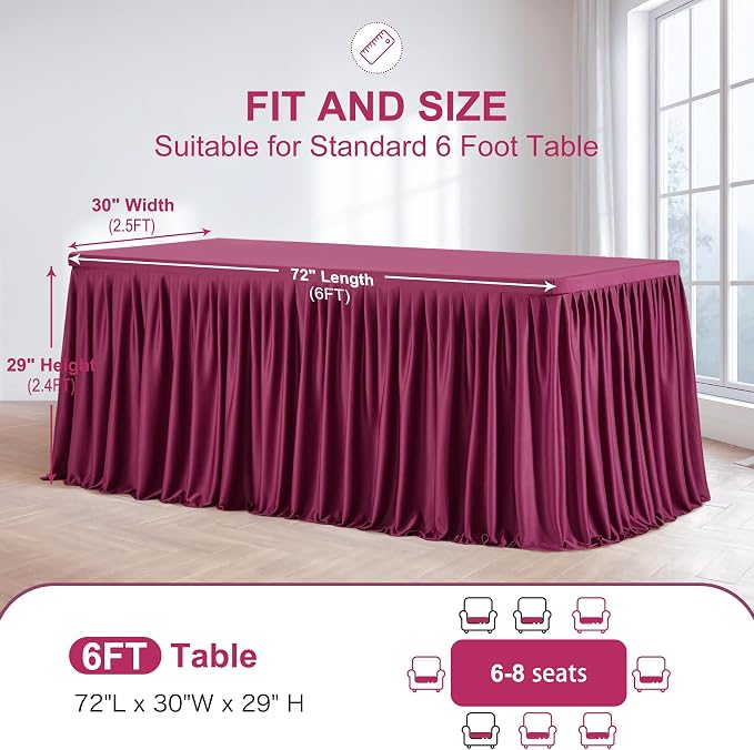 Wish Care 6 Pack Wine Red Rectangle Table Clothes for 6 Foot Tables, Polyester Fitted Tablecloths 6ft Stretch Table Cover for Wedding, Birthday, Parties, Trade Show, Craft Show
