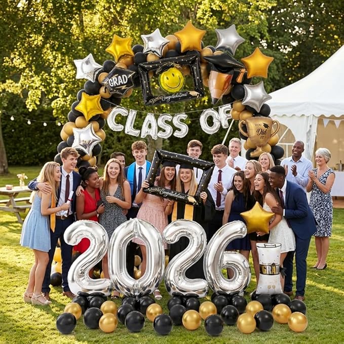 65 PCS Congrats Grad Balloons Kit, Class of 2026 Graduation Party Decorations Black Gold Silver Foil Balloons with Congrats Mylar Balloons Celebration Supplies for High School College Graduation