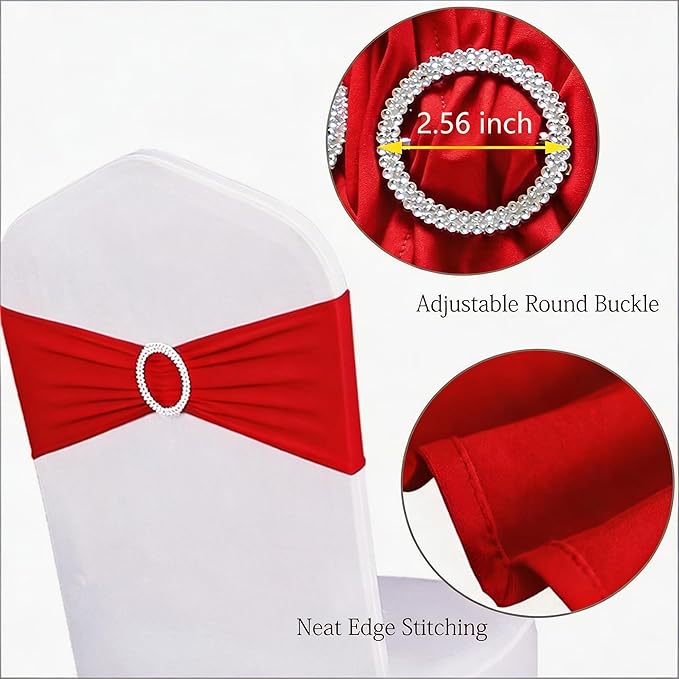 Pack of 50 Spandex Red Chair Sashes for Wedding Chair Bows Ties Stretch Chair Bands with Silver Buckles for Party Birthday Engagement Banquet Christmas Event Decorations (Red)