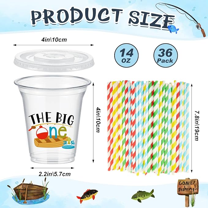 Qinyoung 60 Sets Watercolor Gone Fishing Party Cups with Lids and Paper Straws 14 oz Disposable Clear Plastic Cups Bulk for Gone Fishing Birthday Party Favor Supplies Decorations