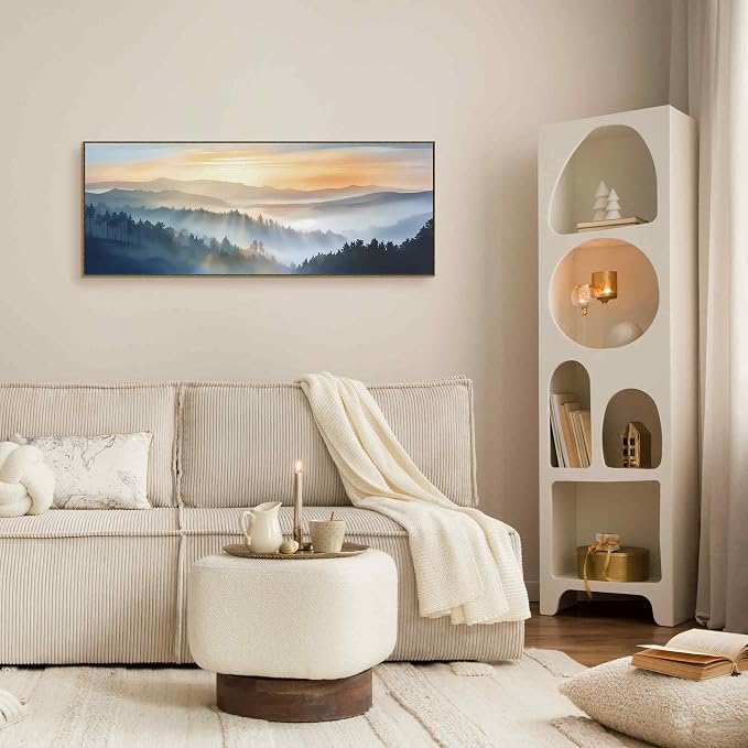 TLESKE Boho Sun Sunrise Sunset Mountain Large Wall Art Decor Framed 15x40, Foggy Forest Woodland Canvas Wall Art Print for Bedroom Above Bed Over Bed Living Room, Landscape Nautre Wall Artwork Picture