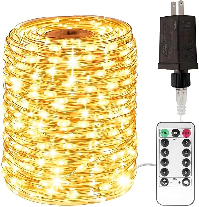 Plug in Fairy Lights 100FT 300 LED Waterproof Silver Wire LED Twinkle String Lights with Remote for Living Room Bedroom Patio Porch Garden Christmas Tree Wedding