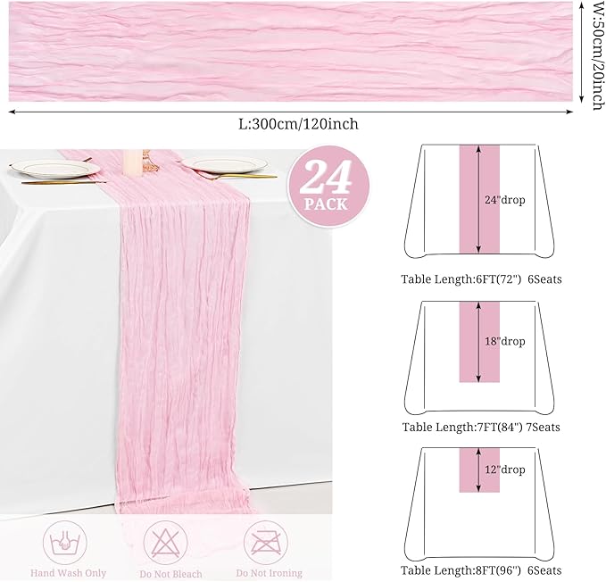 24 Pack Light Pink Cheesecloth Table Runner,10FT Gauze Boho Long Easter Cheesecloth Table Runners 20x120inch Rustic Cheese Cloth Table Runner for Wedding Party Bridal Shower,Table Decorations