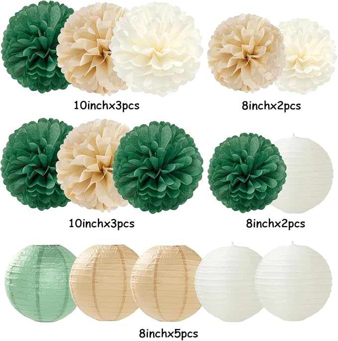Sage-Green Gold Party-Decorations Paper-Flowers Lanterns - 15pc Boho White Champagne Tissue Pom Poms Streamers,Birthday Bachelorette Bridal Baby Shower Engagement Wedding Graduations Decor Panduola