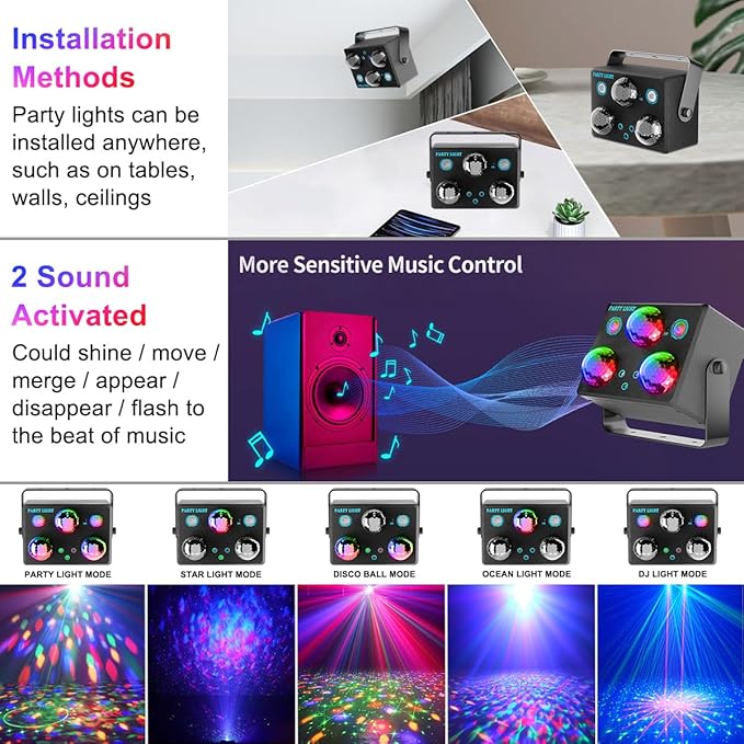 Party Lights,Disco DJ Strobe Light Rave Stage Projector Effect Dance Club Light Sound Activated with Remote Control for Parties Home Show KTV Pub Dance Christmas