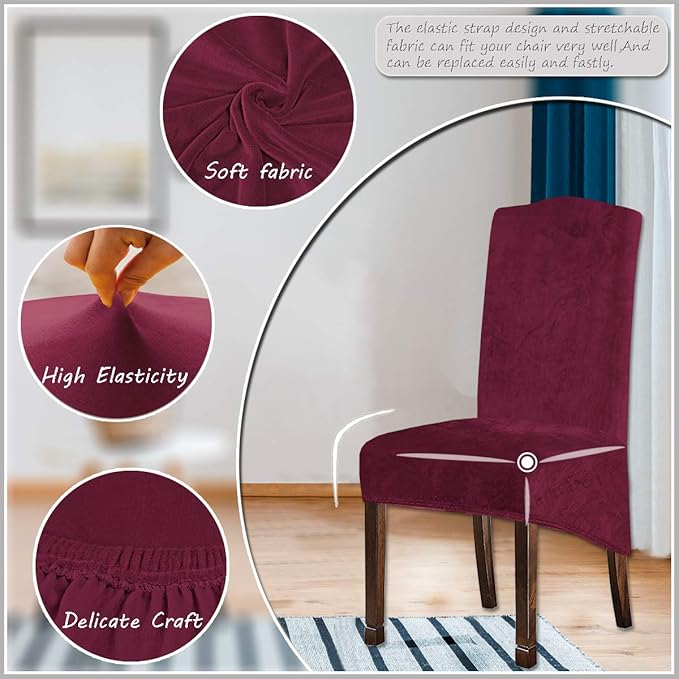 Velvet Plush XL Dining Chair Covers, Stretch Chaircover, Spandex High Chairs Protector Covers Seat Slipcover with Elastic Band for Dining Room,Wedding, Ceremony, Banquet (Wine Red, Set of 4)