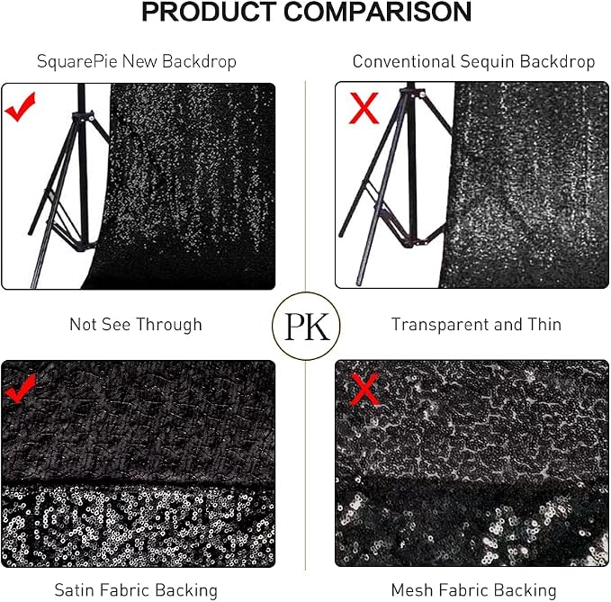 SquarePie 6x6ft Black Sequin Backdrop for Photography, Satin-Backed Real Sequin Curtain, Enhanced Coverage Shimmering Background with 4" Rod Pocket for Wedding, Birthday, Party Decor, 1 Panel