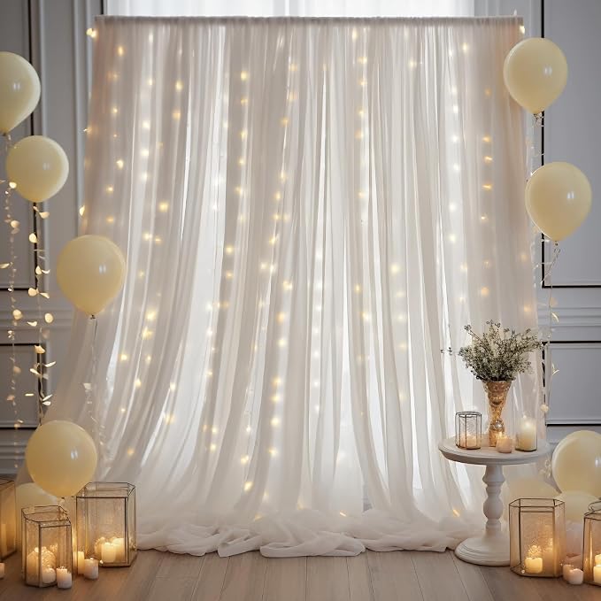 10ft x 10ft Cream White Chiffon Backdrop Curtain with Lights String for Parites Wedding Wrinkle Free Curtain Photo Backdrops Drapes for Baby Shower Birthday Party Home Decorations