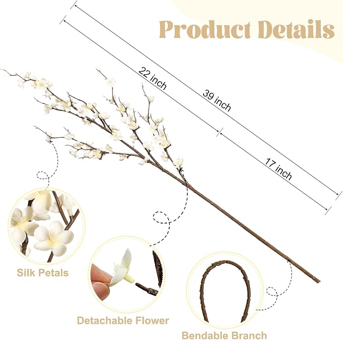 Ammyoo 4Pcs Cherry Blossom Branches Artificial Flowers for Spring Summer Indoor Decoration,Faux Long Stem Artificial Flowers for Wedding Home Office Bedroom Party Table Centerpieces Decor(White)