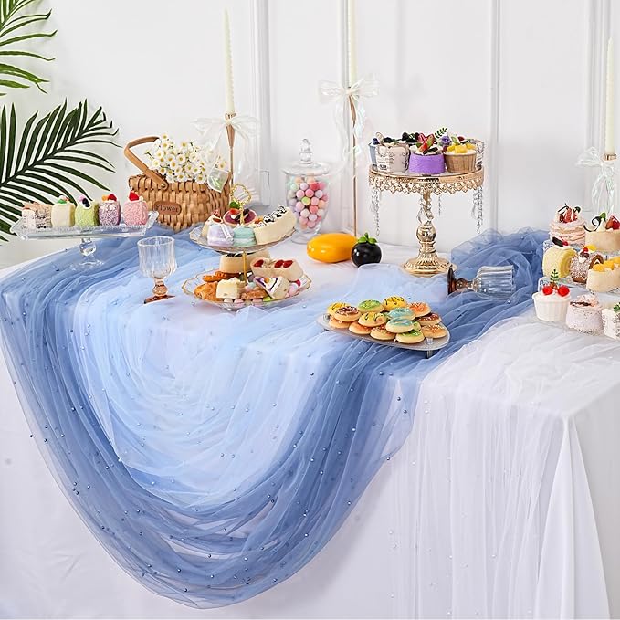 Pearl Table Runner Wedding Centerpieces: 10ft Pearl Table Decor 29x120 Inch Tulle Chiffon Fabric for Decor Birthday Party Dining Table Cover (Baby Blue)