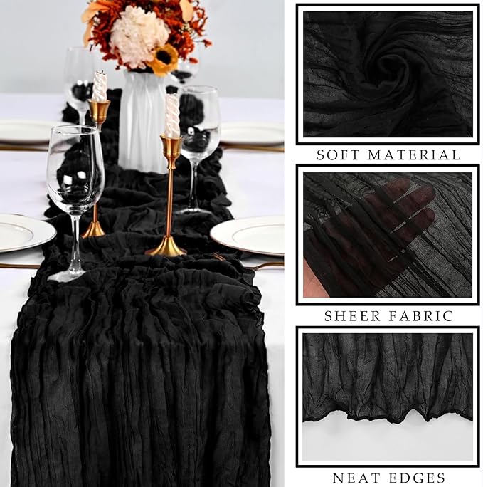 Black 6 Pcs Cheesecloth Table Runner 10FT Gauze Fabric Boho Cheese Cloth Table Runner Decoration Rustic Semi Sheer Runner for Wedding Birthday Baby Bridal Shower Party Table (35 x 120 Inches Long)