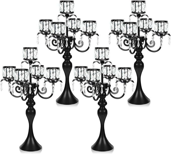 4 Packs Black Candelabra Candle Holders, Elegant Bling Centerpiece with Pendant Crystal Table Decorations 5 Arms Candlesticks for Dining Room,22 Inches Tall