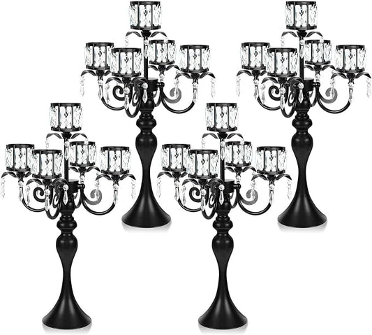 5 Arm Elegant Crystal Candle Holder,Candlestick for Wedding Table Centerpiece, 22 Inch Tall Candle Holder Table Candelabra Event Party Table Centerpiece,Home Decoration. (4, Black, Square Crystal)