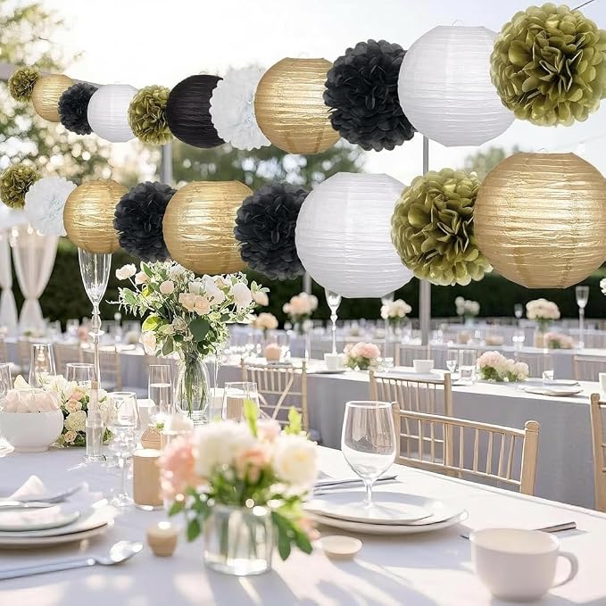 18pcs Black Gold Paper Lanterns Decoration Hanging Paper Décor Pom Poms Paper Flower Party Supply for Graduation Masquerade New Years Birthday Party Decor