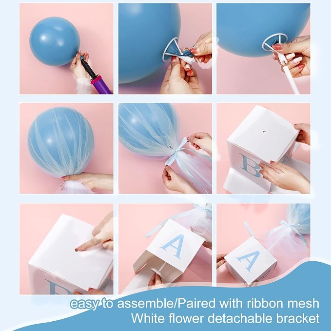Wettarn 24" Tulle Tutu Balloon with Letter Box for Baby Shower Wedding Table Centerpieces Party Decor Balloon White Tulle Cover for Girl Boy(6 Set, Blue Boy)