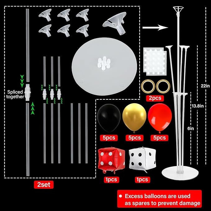 Naozinebi Casino Party Balloons Stand Kit 2 Sets with 2 Dice Foil Balloons Casino Night Theme Party Balloon Centerpiece for Tables for Poker Las Vegas Game Night Birthday Party Decorations