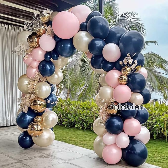 Navy Blue Pink Gold Balloon Arch Kit Double Stuffed Dark Blue, Pastel Light Pale Pink, White Sand Pearl Balloon Garland for Birthday Baby Shower Gender Reveal Wedding Graduation Party Decoration