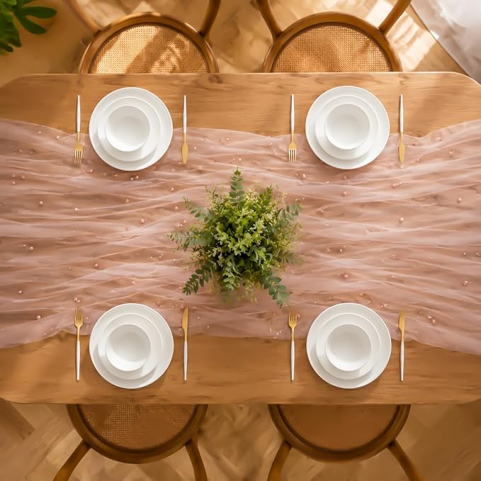 Pearl Pink Gauze Pearl Table Runner 120 Inch 10FT, Seasonal Sheer Dining Holiday Wedding Birthday Baby Shower Tulle Summer Table Decor for Home Party