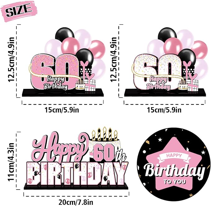 LINGTEER Happy 60th Birthday Pink Acrylic Table Topper Centerpieces Set - Cheers to 60 Years Old Birthday Sixty Bday Party Gift Decorations.