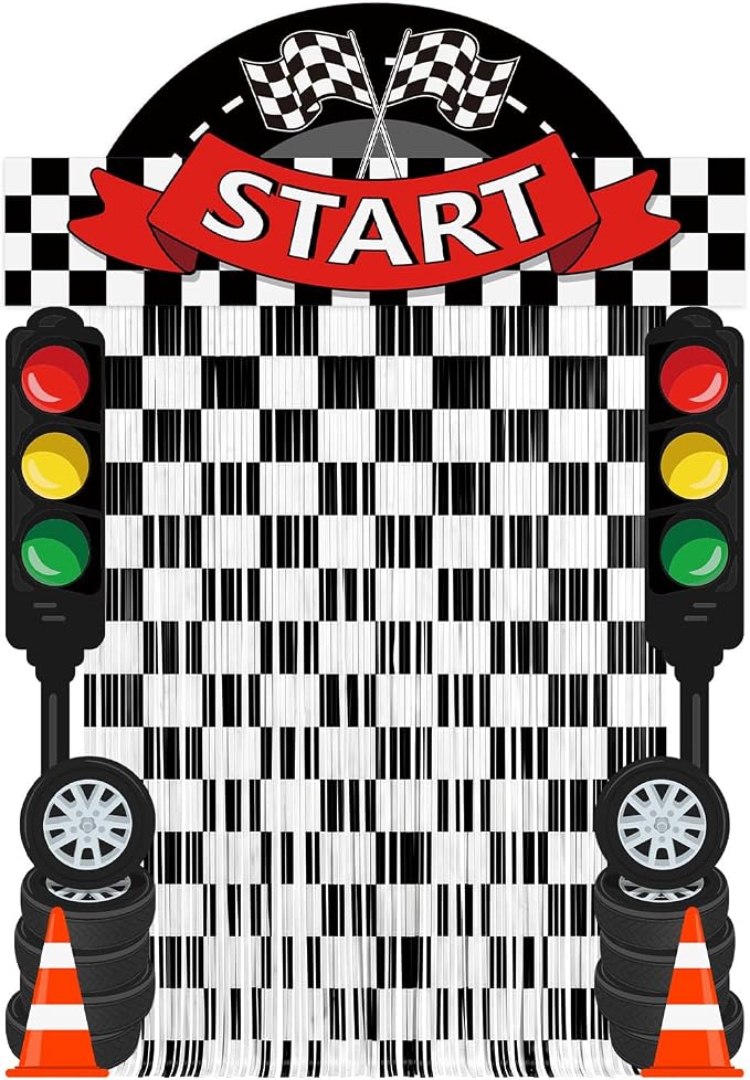 Peryiter 5 Pcs Race Car Birthday Party Decorations, Race Car Party Decorations Include Checkered Flag Arch Traffic Light Cutouts Tinsel Curtains Double-sided Tape for Racing Photo Booth Event Backdrop